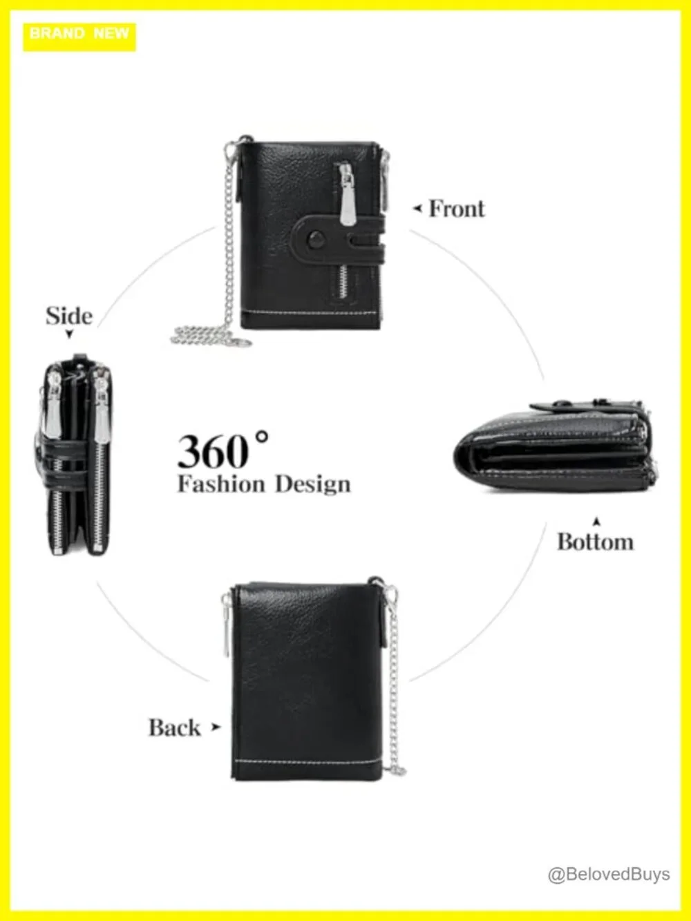 Small Womens Bifold Wallet Card Holder 2 Zipper Coin Pockets Detachable Chain